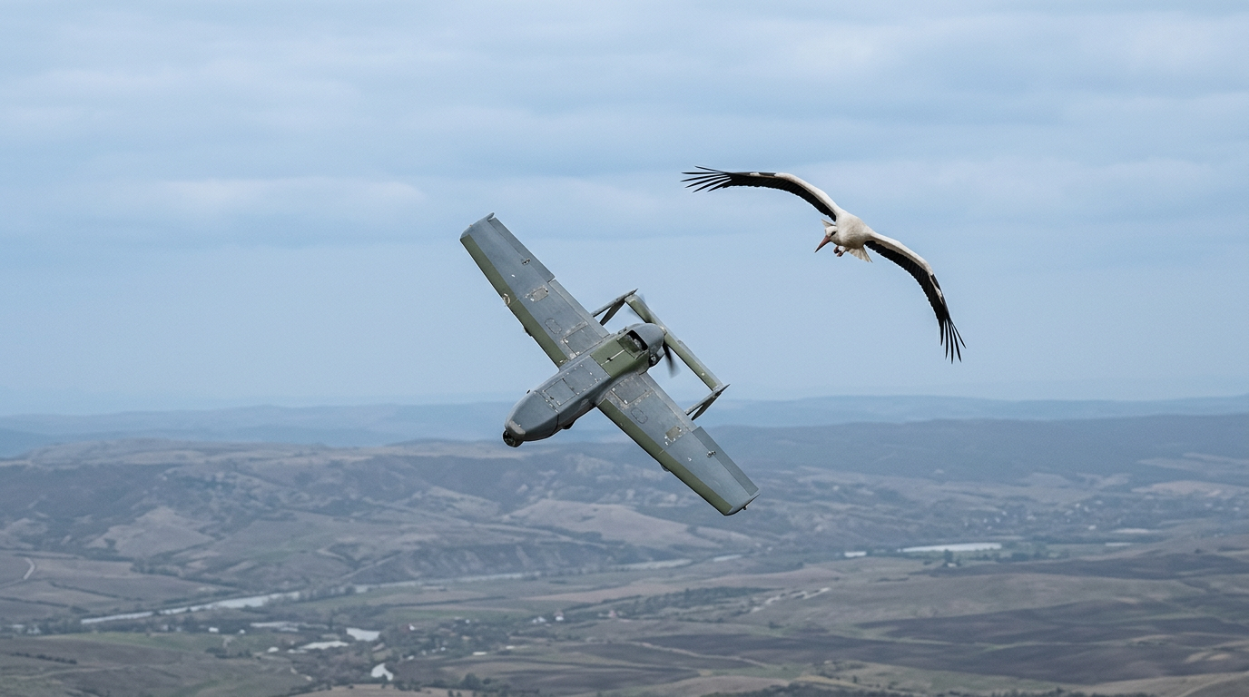 Cegonha ucraniana expõe fragilidade técnica de drones russos em manobra aérea
