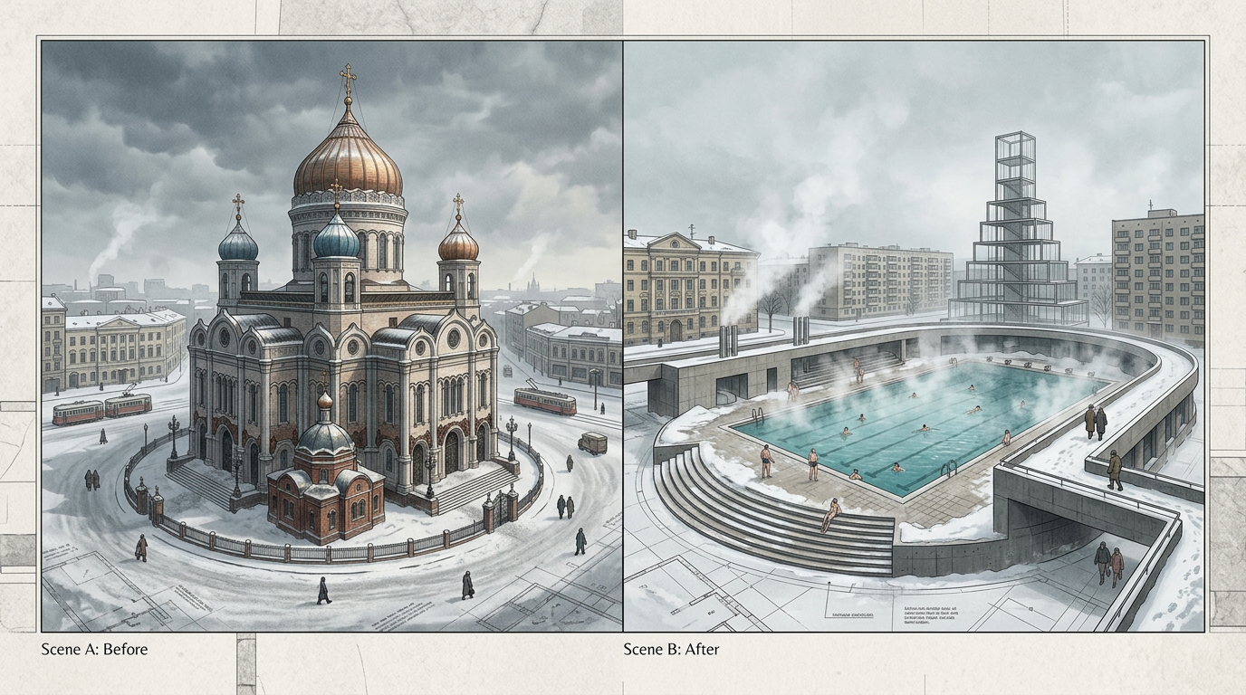 Catedral, arranha-céu e piscina — o destino trágico de um terreno em Moscou
