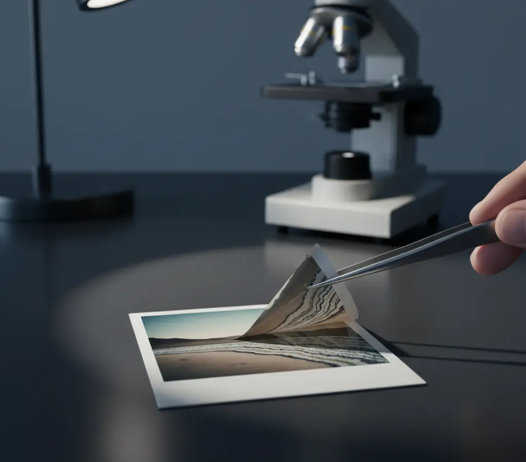 A Polaroid sob o microscópio de um engenheiro