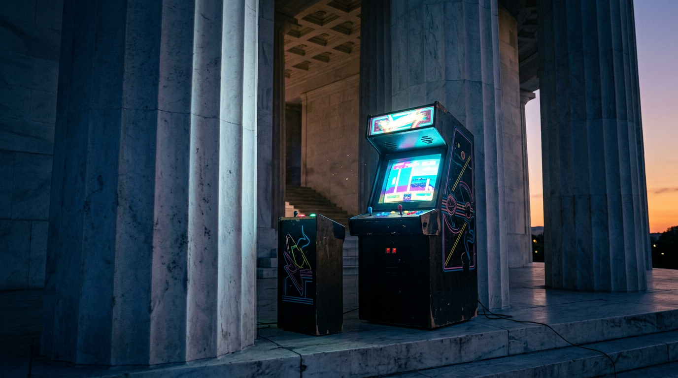 Arcade político em Washington — a sátira que transforma guerra em pixel