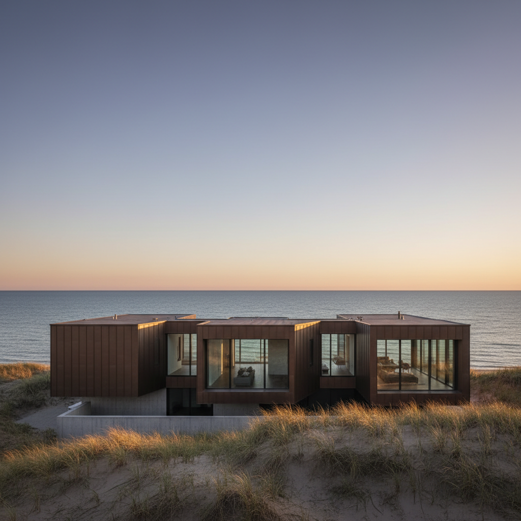 Casa de bronze escuro se organiza em volumes escalonados na costa de Michigan