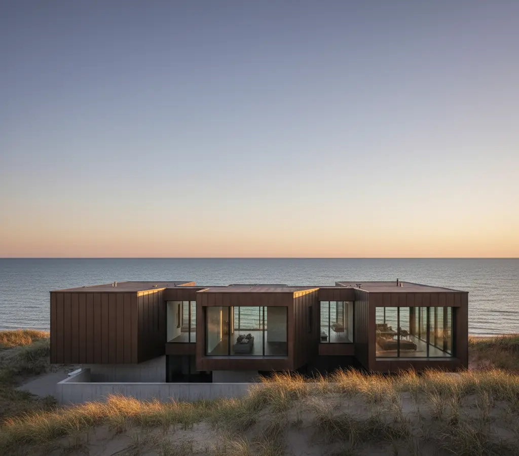Casa de bronze escuro se organiza em volumes escalonados na costa de Michigan