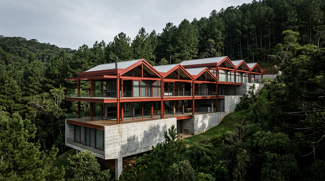 Jevany Villa desafia a floresta tcheca com aço vermelho e geometria industrial