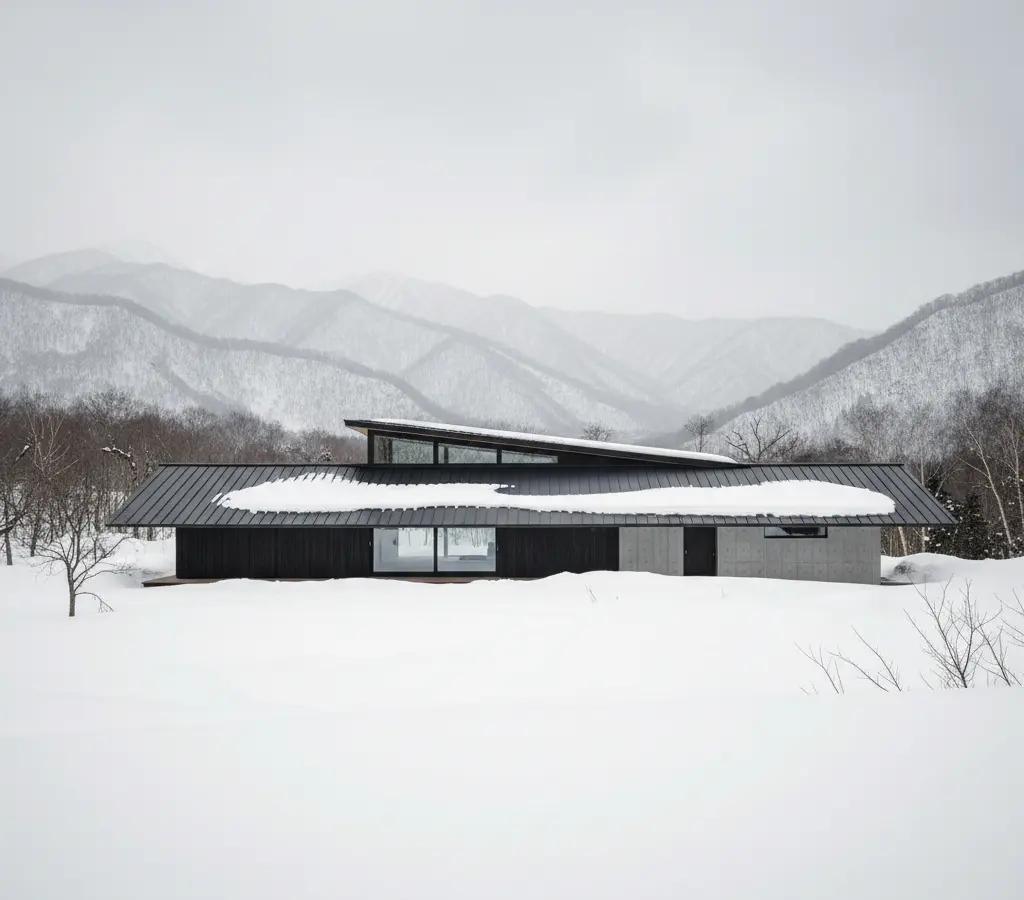 Telhado Inclinado Maximiza Vistas e Protege Contra Neve no Japão