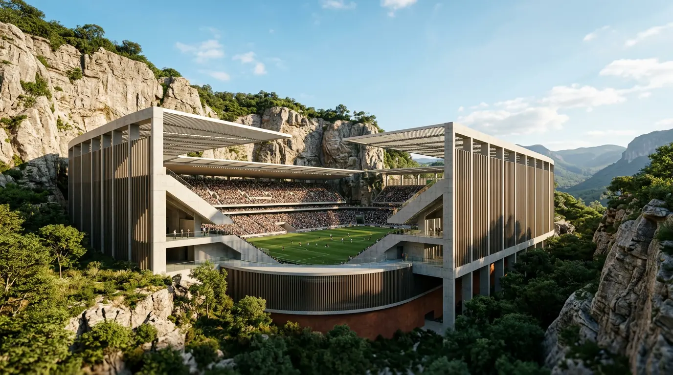 K-Studio redesenha estádio em Atenas — arquitetura busca integrar esporte e paisagem urbana