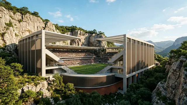 K-Studio redesenha estádio em Atenas — arquitetura busca integrar esporte e paisagem urbana