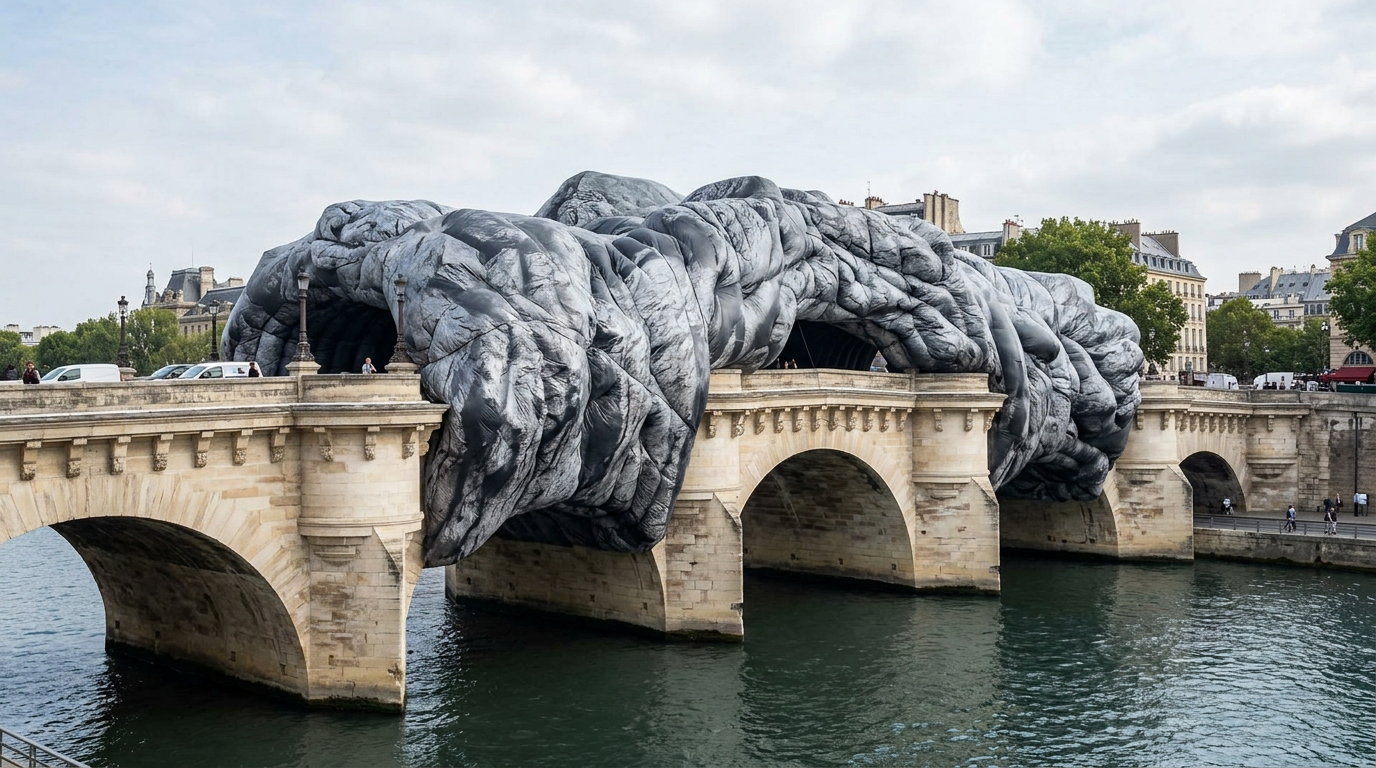 Artista JR transforma Pont Neuf em caverna inflável — e desafia o espaço público parisiense