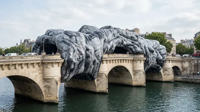 Artista JR transforma Pont Neuf em caverna inflável — e desafia o espaço público parisiense