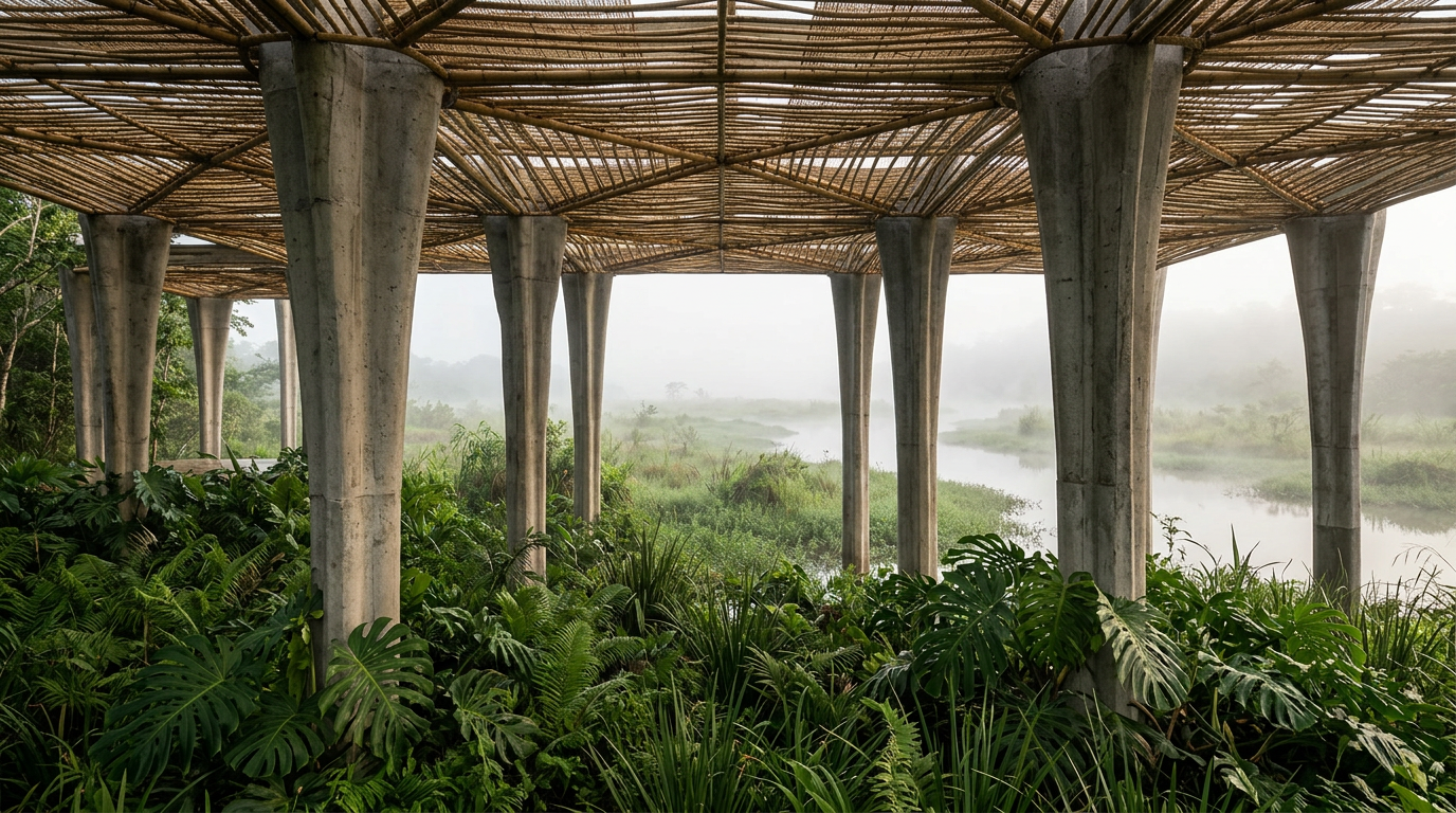 Studio 10 integra pavilhão de concreto e bambu à paisagem úmida na China