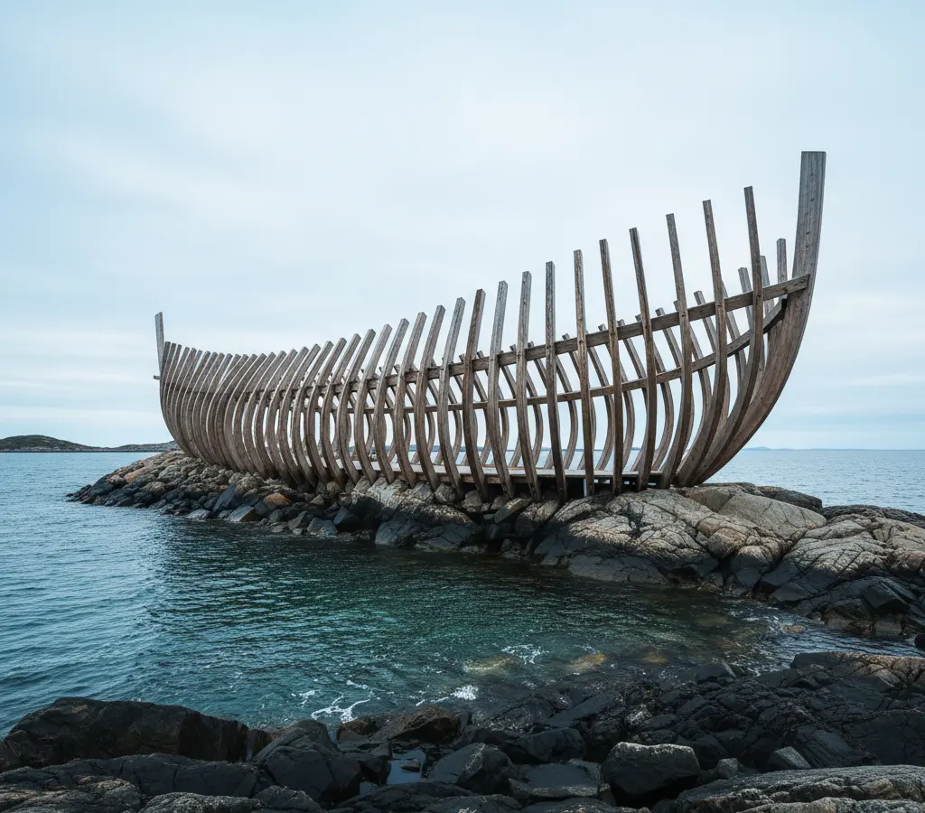 Sauna norueguesa Skroget evoca casco de navio com costelas de madeira