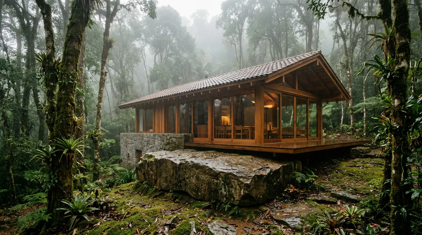 V Taller desenha refúgio em Yakushima — um diálogo entre pedra e madeira