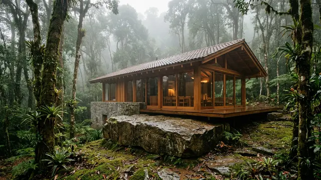 V Taller desenha refúgio em Yakushima — um diálogo entre pedra e madeira