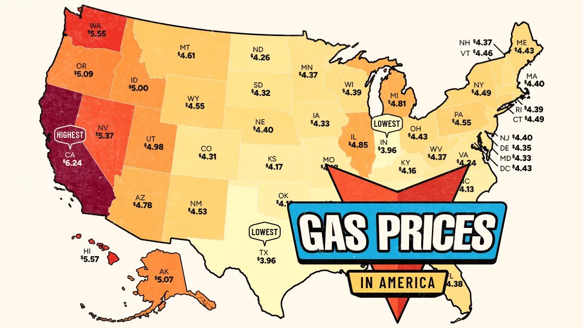 Gasolina nos EUA: Califórnia lidera preços, Texas e Indiana empatam na base