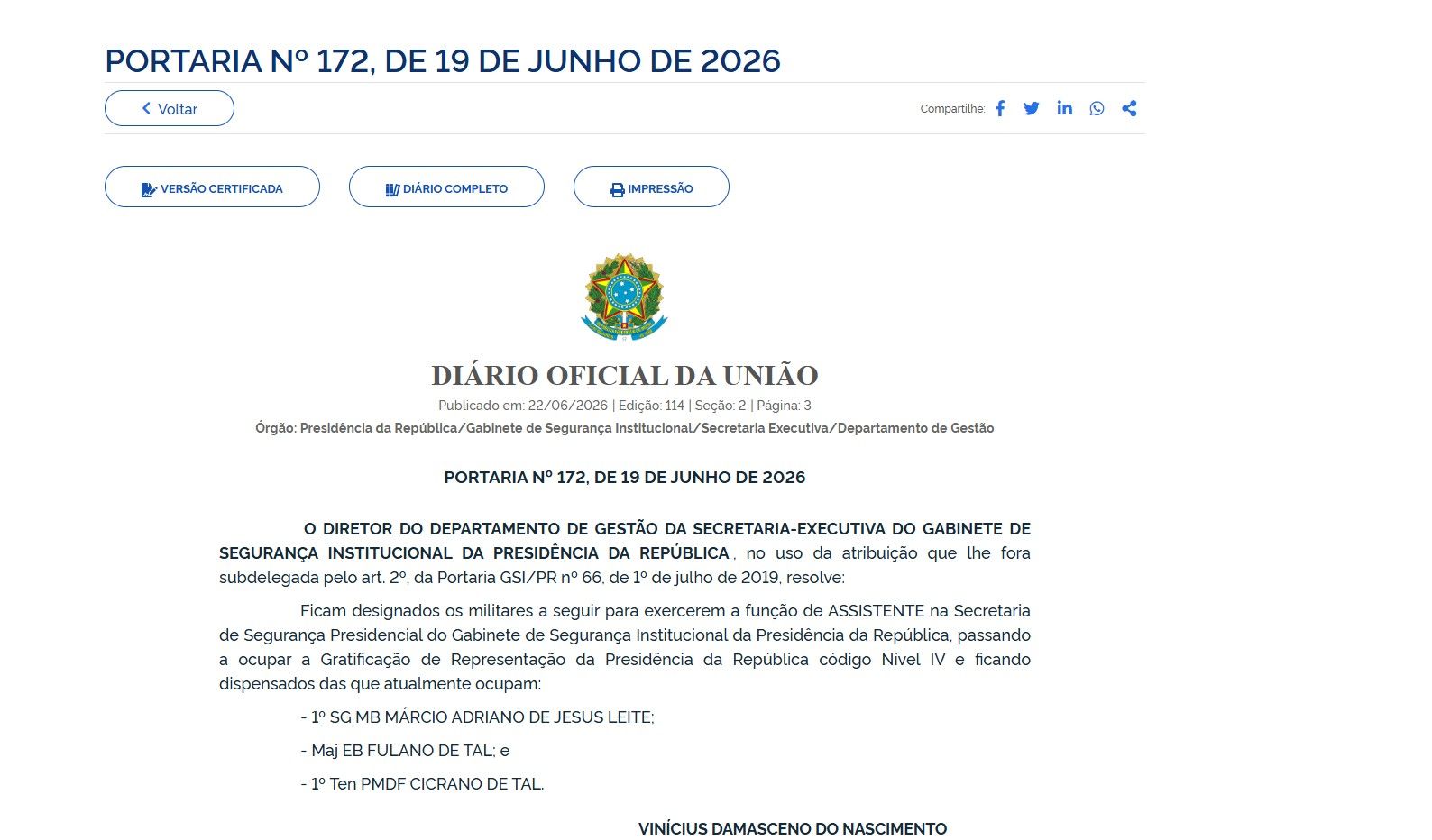 GSI corrige erro em portaria que nomeava nomes fictícios para segurança presidencial