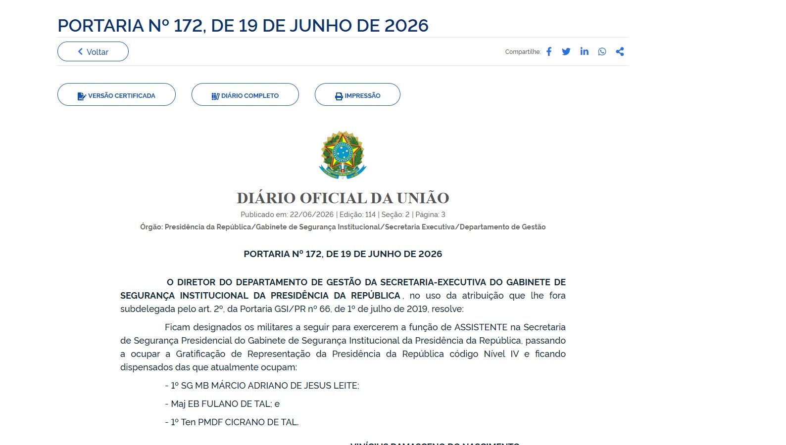 GSI corrige erro em portaria que nomeava nomes fictícios para segurança presidencial