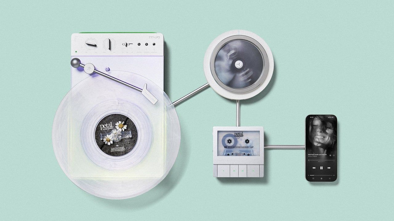 Trettitre une vinil, fita e CD em sistema modular com toque Dieter Rams