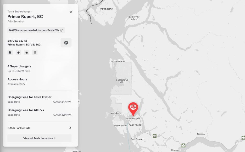 Tesla expande rede de recarga no norte do Canadá com nova estação na costa do Pacífico
