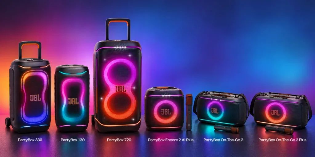 JBL turbina caixas de som com 800W e IA para karaokê