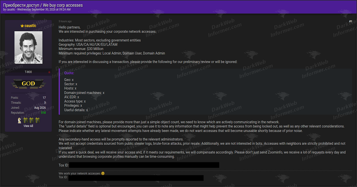 Comprador na dark web busca acesso a redes corporativas globais