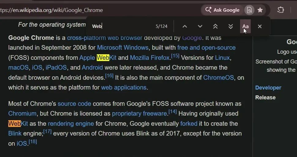 Chrome aprimora busca interna com diferenciação de maiúsculas e minúsculas