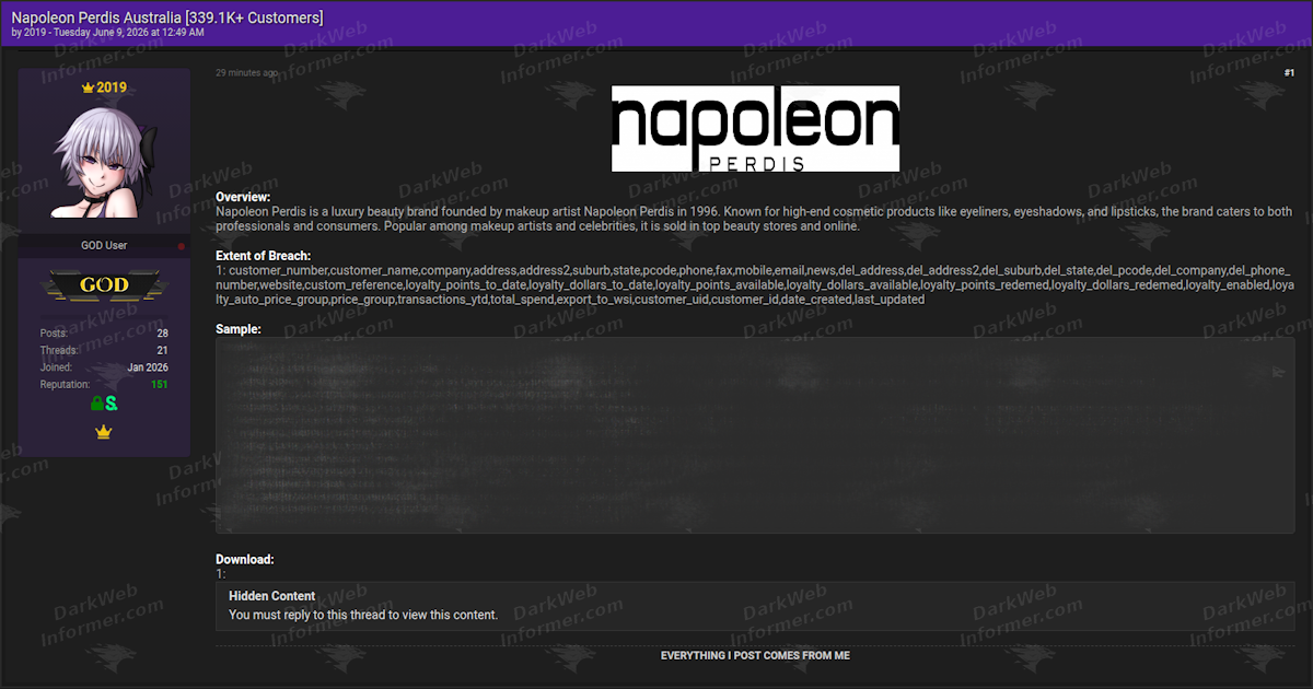 Napoleon Perdis enfrenta vazamento de 339 mil registros de clientes — dados estão em fórum